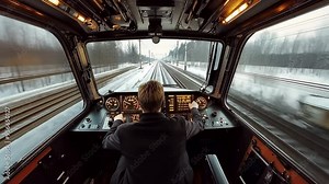 View from the Train Cabin: A Train Driver Operating a Locomotive on Snow-Covered Tracks, Capturing the Speed and Precision of Rail Travel in a Winter Landscape