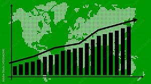 Animated financial growth chart with trend line graph. white world map with black bar chart. Growth bar chart of global economic. Vector illustration isolated on green background.