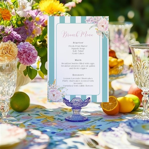Bridal Shower Brunch Menu: Floral, Teal Stripes, Editable Canva Template (instant Download) - Etsy