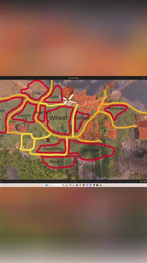 Mapping out the farm! Red lines mark crop boundaries. Wheat, cabbage, beets, and an orchard on the hill! #FarmLife #VirtualFarming #Simulation #CropPlanning