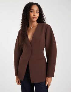 ASOS DESIGN cinch collarless blazer in chocolate | ASOS