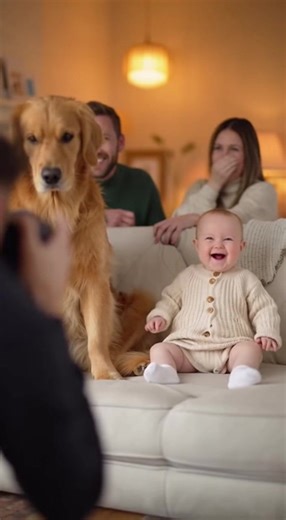 During a family photoshoot, the dog's unexpected fart sends the baby into hysterics, starting a chain reaction of laughter that even the photographer can't resist. The camera shakes uncontrollably as everyone loses their composure in this hilarious moment. | Jarche
