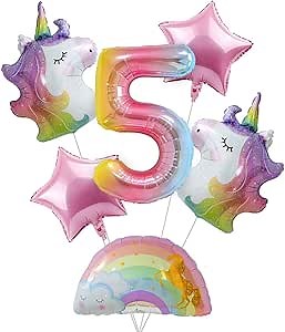 Unicorn Birthday Decorations for Girls– Rainbow Unicorn Balloon Bouquet with Number 5 Foil Balloon 5th Birthday Party Supplies