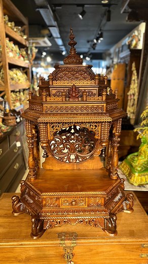 Kirtan Arts on Instagram: "Shipping this mandir to a client in the USA. The mandir can be assembled with just 8 screws, and packs into a 30x18x20 inches box, easy for international shipping. The mandir is made from seasoned Teakwood and hand carved by skilled artisans from Southern India. Wood carved Swans decorate the bottom of the mandir, while floral motifs adorn the complete mandir. When assembled, dimensions are 28x16x40 inches. Pillar height is 15 inches. DM for more details or visit www.k