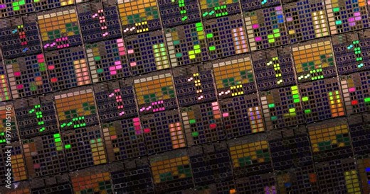 Silicon semiconductor wafer with integrated circuit die mosaic pattern.