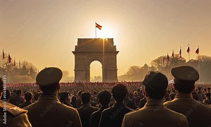 A crowd gathers at India Gate during a sunset, celebrating a national event with flags.
