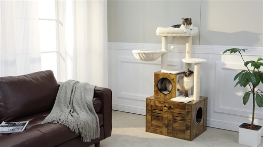 video, PAWZ Road Cat Tree Modern Cat Tower 50-Inch Wood Cat Condo with Large Hammock Top Perch fo...