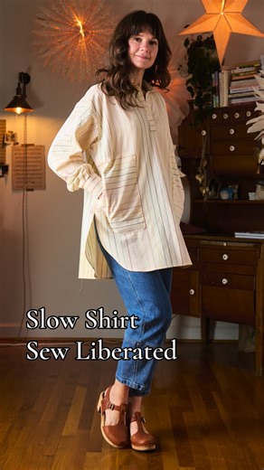 Sew Liberated - sewing, thrifting + styling on Instagram: "Change the vibe of your slow short by hacking it to have a popover placket. This is a great option if you’d like to skip the buttons and buttonholes! Follow the link in our bio to head over to the Sew Liberated blog for a full written tutorial with photos, as well as tips for making your placket pattern piece and customizing the length of your placket. I used a striped fabelism fabric for my popover Slow Shirt. It has a nice, soft, drape