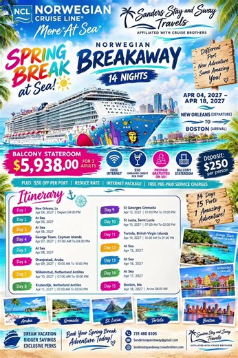 🌴☀️ **SPRING BREAK 2027 JUST GOT A WHOLE LOT BIGGER!** 🚢💦 What if your Spring Break vacation wasn’t just a few days… but **14 NIGHTS exploring the Caribbean and ending in Boston?!** 😍 ✨ **NORWEGIAN BREAKAWAY** ✨ 📅 **April 4–18, 2027** 🛳️ **14 NIGHTS** 🌴 **NEW ORLEANS ➡️ BOSTON** 🏝️ **BALCONY STATEROOM** 👫 **2 ADULTS — $5,938 TOTAL** 💰 **ONLY $250 TOTAL DEPOSIT FOR BOTH PEOPLE!** 🎉 And YES… **I’M PAYING THE GRATUITIES!** 🙌 🌊 **JUST LOOK AT THIS ITINERARY!** 🇰🇾 George Town, Cayman I