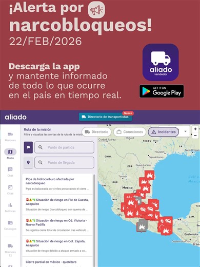 🚨 Alerta por narcobloqueos | Riesgo crítico Anticípate a zonas de riesgo y toma mejores decisiones en ruta. Consulta nuestro mapa en tiempo real y recibe alertas inmediatas sobre: • Bloqueos viales • Accidentes • Condiciones climáticas • Incidentes en tus rutas frecuentes 📲 Descarga la app y mantente informado con datos actualizados al instante. #ultimahora #noticias #noticiastiktok #alertavial #transporte #Logistics