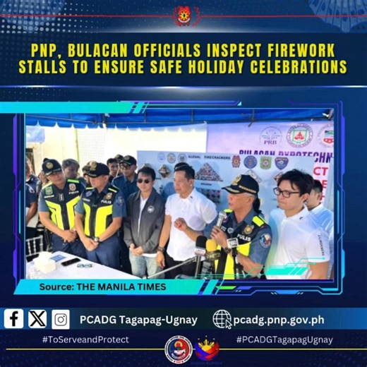 PNP, Bulacan officials inspect firework stalls to ensure safe holiday celebrations CITY OF MALOLOS — Authorities led by Bulacan provincial officials inspected fireworks stalls in Turo, Bocaue town on Monday to ensure a safe and peaceful holiday celebration in the province. Gov. Daniel Fernando and Vice Gov. Alexis Castro, together with PNP chief LtGen. Jose Nartatez Jr., representatives from the Pyrotechnic Regulatory Board (PRB) and key stakeholders, conducted the inspections as part of heighte