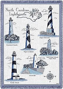 Lighthouses of North Carolina Blanket - Curritick, Cape Lookout, Hatteras, Bald Head Island, Ocracoke, Bodie - Soft Afghan Gift Throw Woven from Cotton - Made in The USA (69x48)