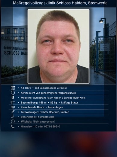 🚨 In Stemwede wird seit Samstagabend ein 43-jähriger Mann gesucht. Er war aus der Maßregelvollzugsklinik Schloss Haldem zu einem genehmigten Freigang unterwegs und ist anschließend nicht in die Fachklinik für psychisch erkrankte oder suchtmittelabhängige Straftäter zurückgekehrt. Die Polizei geht nach bisherigen Ermittlungen davon aus, dass sich der Mann möglicherweise im Raum Hagen oder im Ennepe-Ruhr-Kreis aufhalten könnte. Deshalb ist jetzt besondere Aufmerksamkeit wichtig, ohne dabei selbst