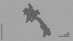 Champasak, province of Laos, with its capital, localized, outlined and zoomed with informative overlays on a bilevel map in the Stereographic projection. Animation 3D