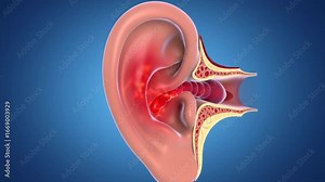 3D medical animation of an ear infection (otitis) with an inflamed eardrum.