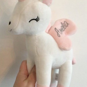 Love these soft personalised unicorn teddies. Range of sizes and colours https://www.pinkrabbitdesigns.co.uk/?s=Unicorn plush&post_type=product | Sweetpea & Treacle