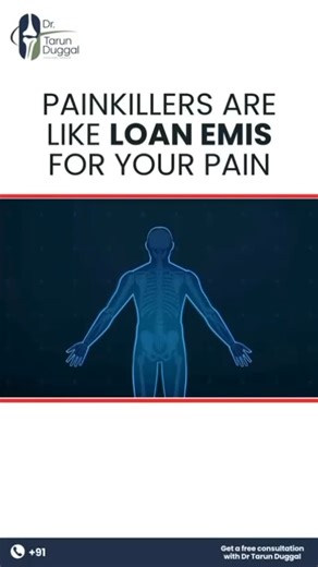Tarun Duggal on Instagram: "Painkillers may feel like a quick solution… but the “interest” you pay later is far bigger than the relief you feel today. Just like a loan EMI delays the burden but doesn’t erase it, painkillers only postpone the root problem. They silence the pain temporarily while the real damage inside your joints continues to grow quietly. 👉 What this video highlights: • Painkillers don’t treat joint issues they only block pain signals • Continuous usage strains your live