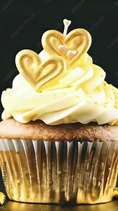 delicious cupcake with colorful icing and golden hearts isolated animation - 4k 9x16 vertical new quality stock video footage AI