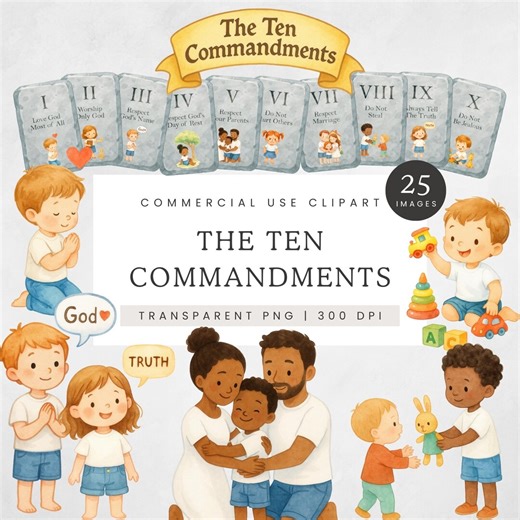 The Ten Commandments Clipart, Christian Kids Bible PNG, 10 Commandments for Children, Sunday School Religious Clip Art Set - Etsy