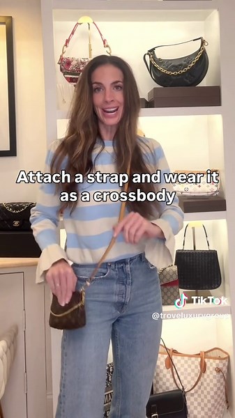 Have you tried wearing a Louis Vuitton Mini Pochette as a crossbody? Game. Changer. 🤎 Clip on a strap and she goes from tiny catch-all to the cutest hands-free mini bag. Practical and adorable. Honestly one of my favorite LV hacks. This one is available. DM to buy. 🤍 #prelovedluxury #minipochette #lvminipochette #louisvuittonhack #baghack