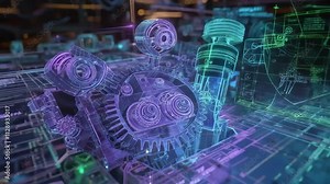 Mechanic is using ar software to analyze a futuristic engine. The engine is shown in a wireframe view, with different parts highlighted in different colors Stock Video