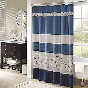 Madison Park Serene Shower Curtain Faux Silk Embroidered Floral Machine Washable Modern Home Bathroom Decorations, Navy, 72x72