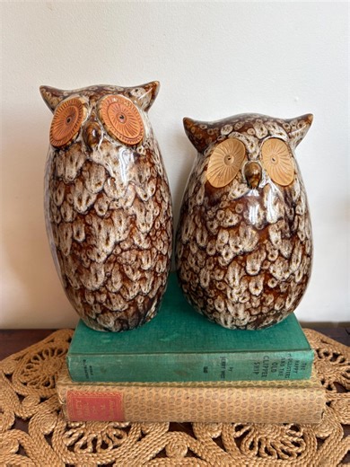 Vintage Ceramic Owl Set | Mid Century Stoneware Owls | Brown Drip Glaze | Retro Owl Figurines | Wander Haus Vintage