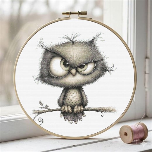 Grumpy Owl Cross Stitch Pattern, Funny Owl Embroidery Design, Whimsical Bird Wall Decor