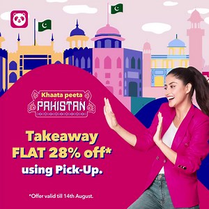 4.4K views · 388 reactions | FLAT 28% off Pick-Up!! Matlab double celebration!! Pick-Up now and takeaway your food in just 15 minutes, with no hassle in the long queues. Offer is valid till 14th August. Pick-Up now: www.foodpanda.pk | foodpanda | Facebook