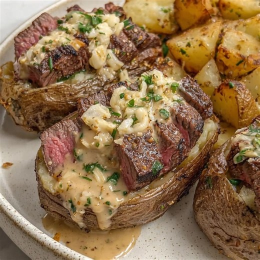 🥔🥩 Garlic Butter Steak Stuffed Potatoes 🧈✨ Fluffy baked potatoes packed with buttery garlic steak and velvety parmesan sauce—this is a full steakhouse-style meal made right at home, cozy, rich, and seriously satisfying. Ingredients: Baked Potatoes: 4 large russet potatoes, cleaned 1 tbsp olive oil Salt, to taste Garlic Butter Steak: 1 lb steak (sirloin, ribeye, or strip), cut into bite-size pieces 2 tbsp unsalted butter 2 cloves garlic, minced | The Cozy Spoon