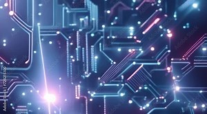 Complex circuit board with multilayered electrical pathways and glowing nodes, representing high-tech electronics and sophisticated data processing technology in a blue hue, horizontal video