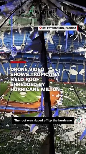 Drone video shows Tropicana Field roof shredded by Hurricane Milton