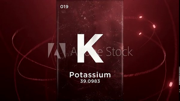 Potassium (K) symbol chemical element of the periodic table, 3D animation on atom design background