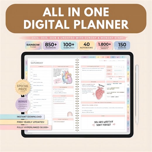 All-In-One Digital Planner 2024-2026 (Undated), Goodnotes Template, Stickers (Digital Download)