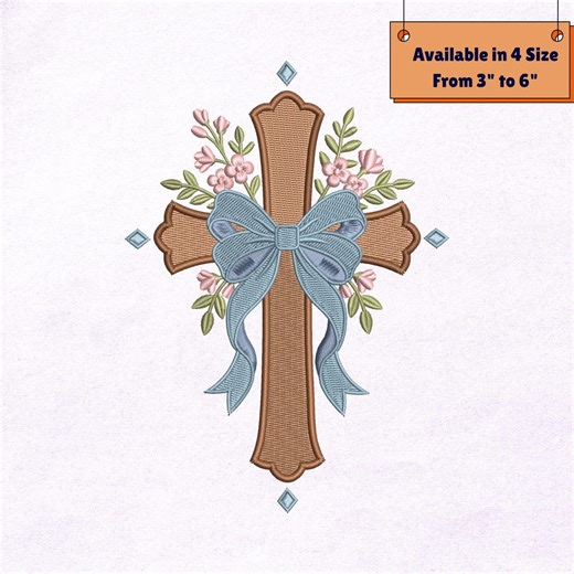 Easter Cross Embroidery Design | Floral Christian Cross With Blue Bow | Religious Spring Machine Embroidery File PES DST - Etsy