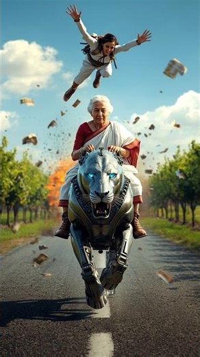 Lady Soldier saves Grandma from a robotic lion😭#ai​#army​#save​ #shorts#ytshorts#shortfeed #trending