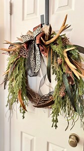 Antler Fall Wreath: Leopard Print Ribbon, Norfolk Pine Door Hanger - Etsy