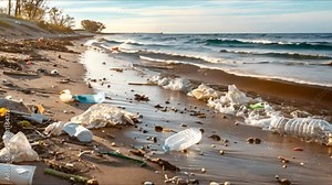 A polluted beach with various types of trash scattered along the shore highlighting environmental issues and human impact. Concept Environmental Issues, Pollution Awareness, Beach Cleanup