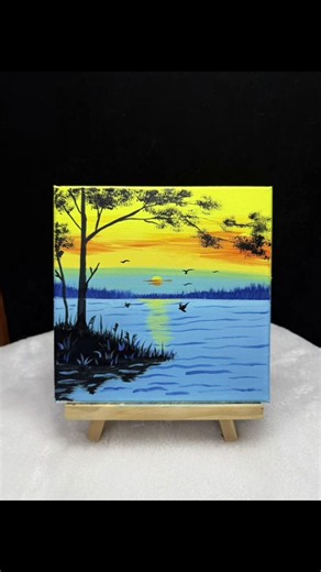 Mini Canvas Painting Tutorial | Bright Yellow Sunset Lake With Tree #art