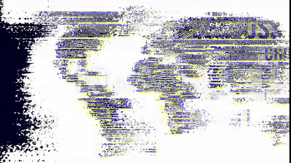 World map country names with distortions and glitch effects