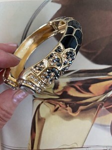 Clamper Gold & Black Articulated Animal Print With Jewels Bracelet, Gold and Black Clamper Bangle With Rhinestones, 80s Bracelets, - Etsy