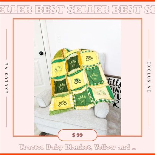 🌾 Wrap your little farmer in luxury! 🌾 Introducing our Tractor Baby Blanket—this exquisite Yellow and Green Rag Quilt is perfect for your little boy's nursery. Crafted with care, it combines an adorable farming design with irresistibly soft fabric, providing comfort and warmth for sweet dreams and joyful adventures! 🌟👶 Transform his space into a cozy haven that celebrates childhood and the spirit of farming. Don't let this charming quilt slip away—grab it for just **$99.00** before it finds 
