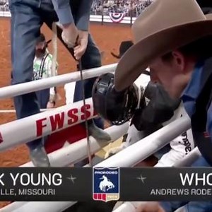 Creek Young, who is leading the PRCA | RAM World Standings, continues his hot start with this 88.5-point ride on Andrews Rodeo's Whoa to secure the Round 2 win of Bracket 3 at the Fort Worth Stock Show and Rodeo. | PRCA ProRodeo