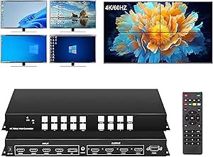 4K/60Hz 2x2 Video Wall Controller, 4x4 HDMI Matrix Switch with HDMI 2.0 inputs 1x2 1x3 1x4 2x1 3x1 4x1 UHD TV Wall Controller Auto Display and Play max 90 Degree Rotation
