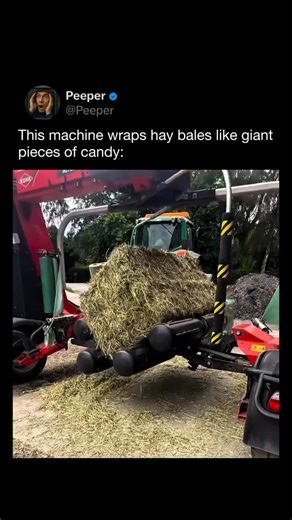 PEEPER on Instagram: "This machine is a bale wrapper, designed to seal hay or silage in plastic to preserve it for long-term storage. After the hay is compacted into a bale, rotating arms stretch and wrap multiple layers of plastic film around it. This creates an airtight seal that limits oxygen, allowing controlled fermentation and preventing mold or spoilage. The process helps farmers store feed safely for months, even in harsh weather. Despite how simple it looks, the plastic thickness, overl