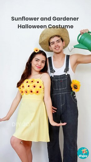 DIY JOY on Instagram: "This is the easiest, last-minute couple costume idea for Halloween that everybody will love: the Sunflower and Gardener duo. 🌻🧑🏻‍🌾 It’s totally budget-friendly, super cute, and perfect for partners, friends, or family! Comment "GARDENER" to get the supply list and steps. #EasyCoupleCostume #DIYCostume #halloween #halloweencostumeideas #LastMinuteCostume"