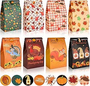 FEBSNOW Thanksgiving Gift Bags 20Pcs Fall Paper Treat Bags with Stickers | Pumpkin Turkey Design, Kraft Goodie Bags for Autumn Candy Cookies, Thanksgiving Holiday Harvest Party Favors Supplies