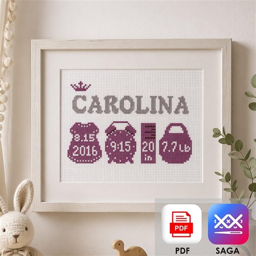 Baby Girl Birth Sampler Pattern, Personalized Nursery Name Cross Stitch, DIY Newborn Announcement PDF & SAGA - Etsy