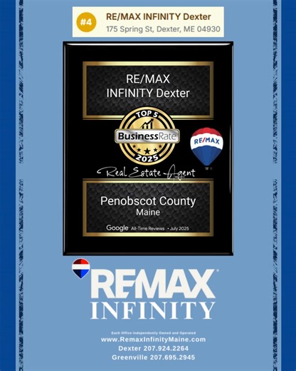 🎉🏆 We’re honored! 🏆🎉 RE/MAX INFINITY Dexter has been officially recognized as a TOP 5 Real Estate Agent in Penobscot County for 2025 by BusinessRate — based on verified Google Reviews! ⭐️ This award means so much because it’s earned through the authentic feedback of our incredible clients. Thank you for trusting us, supporting us, and allowing us to serve our community every single day. ❤️ 📍 Ranked #4 in Penobscot County 📊 Based on Google All-Time Reviews • July 2025 We are proud to repres