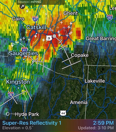 307pm Wednesday Weather radar update with pan and zoom Showers and thunderstorms continue across the HVW area. Some of the stronger thunderstorms ⛈️ contain hail, strong gusty winds, and lightning ⚡️.. And isolated flash flooding with the stronger storms. Please be safe, lots of lightning ⚡️ in some of these storms! -HVW | Hudson Valley Weather